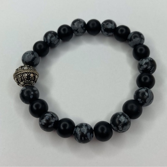 💰 𝕊 𝕠 𝕝 𝕕 💰 Onyx & Snowflake Obsidian Gemstone Stacking Stretchy Bracelet - Picture 4 of 12